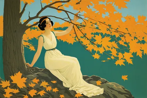 art deco woman,autumn idyll,girl with tree,osage orange,autumn icon,vintage illustration,the autumn,yellow leaves,autumn background,golden autumn,birch tree illustration,fall landscape,autumn frame,travel poster,yellow orange,autumn landscape,autumn leaves,autumn theme,autumn gold,indian summer,Illustration,Retro,Retro 15