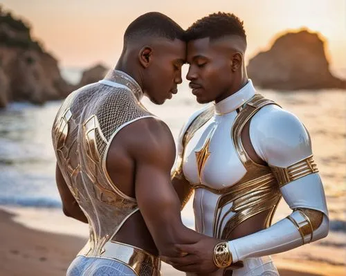 Full body backside image  of 23 yo young fit muscular adonis cute student African student men with (two muscular men love facing each other on the beach Intimität breit stellen hug) kaukasischeLatino 