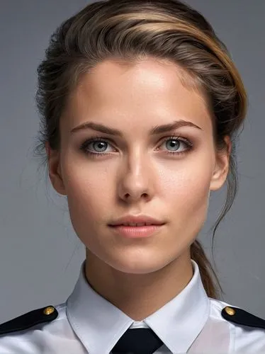 The person's facial expression is neutral to serious, without a smile. The background is blurred and in a uniform shade of gray, so that the focus is on the face. Yes, it is unclear whether the person