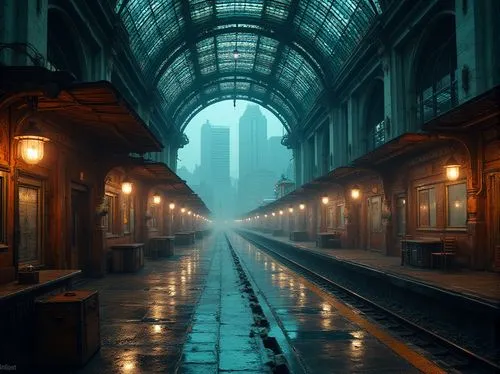 Expressionist train station, grandeur, futuristic, curvaceous lines, metallic materials, neon lights, eerie glow, dimly lit, foggy atmosphere, industrial feel, exposed pipes, steel beams, stained glas