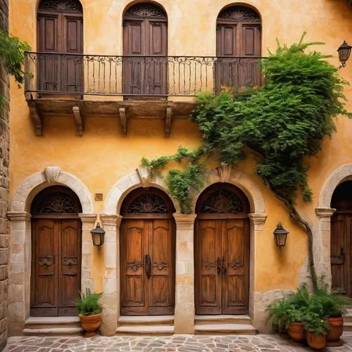 Old Spanish architecture, ornate stone walls, intricately carved wooden doors, rusted iron hinges, vibrant tile roofs, grandiose entrance, Baroque style, Mediterranean landscape, sunny afternoon, warm