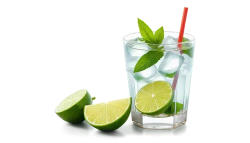 Mojito cocktail, glass cup, ice cubes, fresh mint leaves, lime wedge, brown sugar, white rum, soda water, straw, condensation on glass, morning sunlight, shallow depth of field, 3/4 composition, warm 