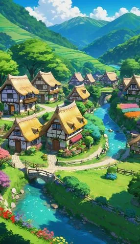 butka,mountain village,alpine village,korean folk village,aurora village,hosoda,yamada's rice fields,knight village,popeye village,toonerville,ghibli,magome,townsites,elves country,townsite,tulou,studio ghibli,shire,mountain settlement,sylvania,Illustration,Japanese style,Japanese Style 03