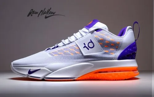 Mesh and canvas upper, "kd" logo, sport sole with Nike logo, all white with orange and purple accent color scheme ,Kevin Durant court shoe white 2,melos,knick,ewing,currys,raffle,agassi,Photography,Ge