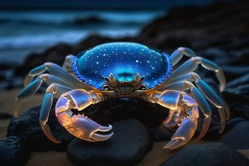 Bioluminescent crab, vibrant blue glowing shell, sharp claws, beady eyes, sandy beach, starry night sky, calm waves, seaweed-covered rocks, misty ocean air, low-angle shot, dramatic spotlight, soft fo