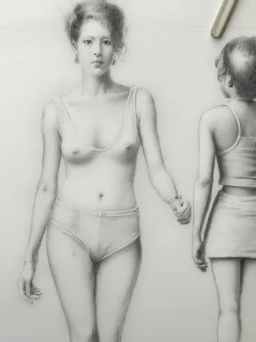 白色背景,a pencil drawing of two women in bathing suits,pencil drawings,drawing mannequin,chalk drawing,female body,pencil art,underdrawing,Illustration,Black and White,Black and White 35