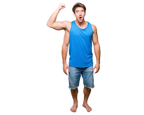 Young adult male, screaming, horrified facial expression, messy brown hair, blue eyes, sweaty skin, white tank top, ripped jeans, bare feet, standing, dynamic pose, intense lighting, shallow depth of 