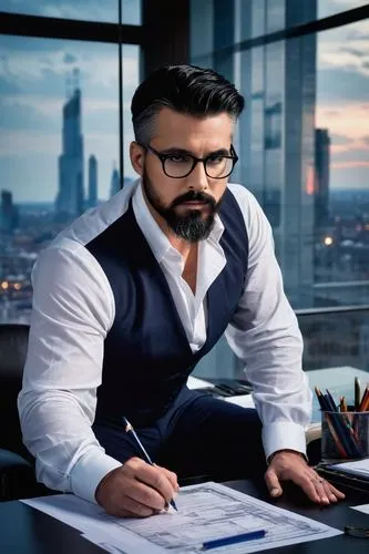 Mature male, architectural designer, 30s, glasses, short black hair, beard, white shirt, rolled-up sleeves, dark blue trousers, leather shoes, sitting, desk, drafting table, papers, pencils, rulers, m