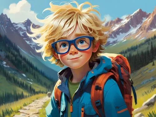 A young boy, around eight years old, with messy blonde hair and blue eyes, wearing glasses and dressed in hiking gear. His hair is tousled, giving him a carefree and adventurous look,a painting of a b