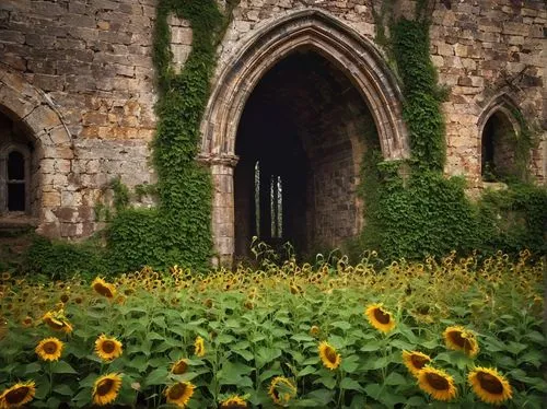 Abandoned, overgrown, ruined, ancient, mysterious, Gothic, Baroque, Romanesque, field, wheat, oats, sunflowers, wildflowers, dry, cracked, earthy, stone, brick, wooden, rusty, metal, vines, moss, ivy,