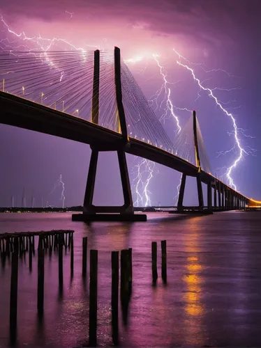 A late evening summer storm in Charleston, South Carolina, produces a show of lightning in the distance behind the Arthur Ravenel Jr. bridge.,oresund bridge,ravenel bridge,cable-stayed bridge,öresunds