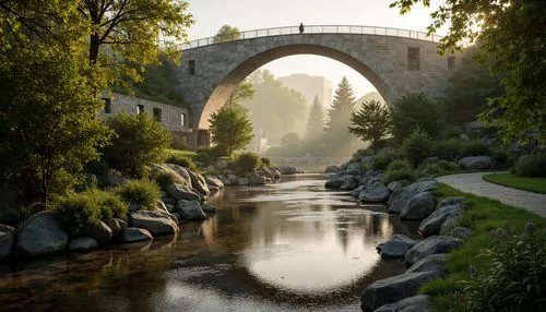 Curved bridge, rustic stone arches, lush greenery, serene water reflections, tranquil river flows, natural rock formations, weathered wooden railings, meandering pathways, scenic overlooks, misty morn