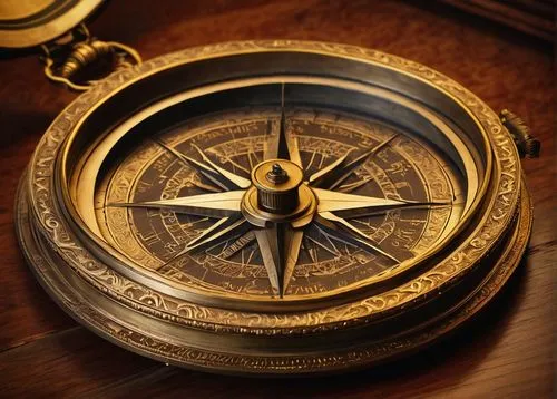 Antique compass, architectural element, intricate engravings, golden frame, delicate hands, precise mechanism, Roman numerals, ornate details, luxurious material, wooden table, vintage atmosphere, dim