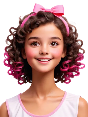 Cute face, cartoon style, round eyes, blushed cheeks, small nose, smiling mouth, colorful hair clips, curly brown hair, pink ribbon, soft facial features, 3D illusion, vibrant colors, playful composit