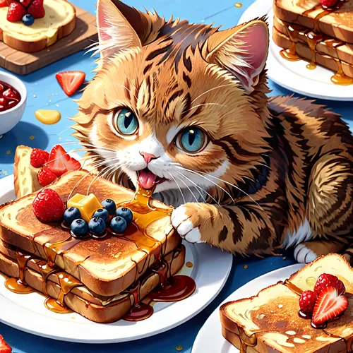 red tabby,french toast,waffles,tea party cat,waffle,milk toast,toast,kaya toast,liege waffle,melba toast,cat food,breakfest,kawaii food,toasts,breakfast buffet,pancake,spring pancake,cat's cafe,have breakfast,breakfast in bed,Anime,Anime,General