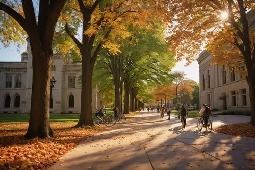 Indiana University Bloomington campus, historic architectural style, brick buildings with ivy-covered walls, ornate stone carvings, clock tower, sprawling green lawns, autumn foliage, sunny day, warm 