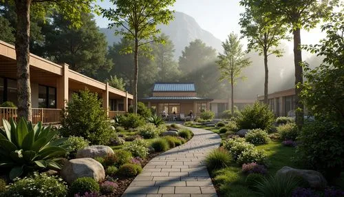 sake gardens,render,riverwood,zen garden,japanese zen garden,streamwood,landscaped,landscaping,forest path,3d rendering,pathway,nature garden,ryokan,altadena,alpine village,ecovillage,rendered,oakhurst,greenforest,teahouses