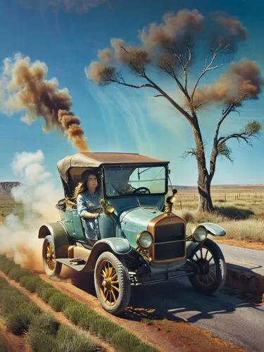 Mrs. Clara Jane Ford is at the center of the action. She is driving a Ford (Model T) through a Texan landscape, its dark green paint reflecting the bright sunlight. The intricate details of the old ca