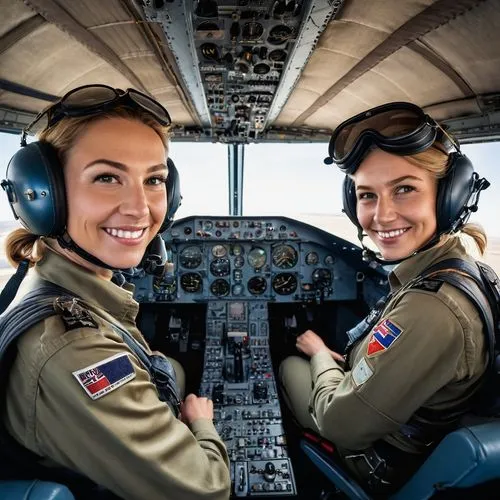 Front fish angle shot from outside the plane view of two gorgeous 33 years old female pilots in 2024 civil elaborate flight gear are sitting at the controls and smiling inside an enclosed elaborated e