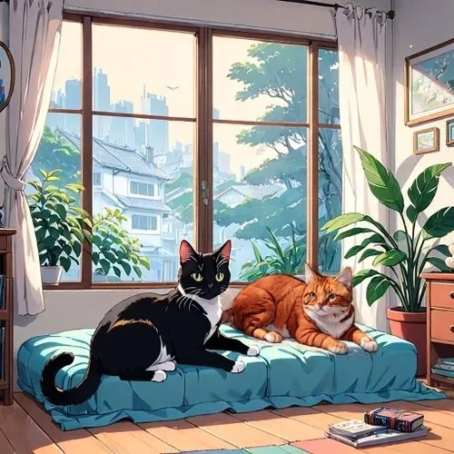 two cats,vintage cats,cat's cafe,cat family,studio ghibli,ghibli,cat lovers,catanduva,windowsill,cattery,cats,roommates,kitties,aristocats,gatos,cat frame,romantic scene,idyllic,shadowclan,chomet