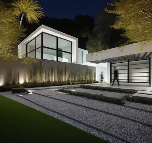 Diseño exterior de una casa moderna estilo minimalista combinando muros de color blanco con muros de tabique aparente, herrería de aluminio con cristal, fotografía hiperrealista, fotografía arquitectó