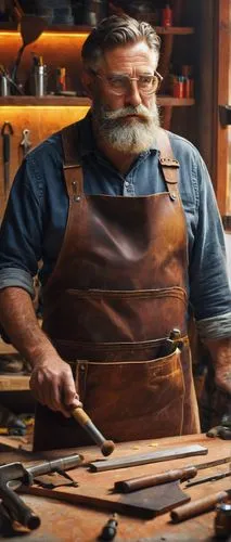 craftsman, mature man, beard, goggles, leather apron, tool belt, wooden workbench, various lightsticks, half-finished products, scattered materials, rustic workshop, warm lighting, afternoon sunbeam, 