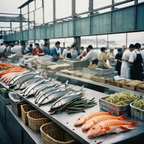 Fish market, modern design, waterfront architecture, large glass windows, metal frames, wooden accents, bustling atmosphere, morning light, seafood stalls, fresh catches on display, colorful marine li