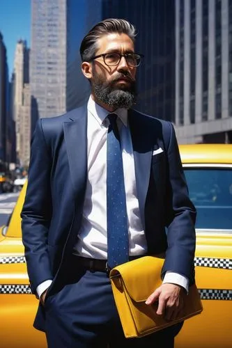 male, architecture designer, USA, 30s, mature, confident, stylish hair, black framed glasses, beard, white shirt, dark blue suit, tie, leather bag, holding blueprint, standing, modern skyscraper, New 