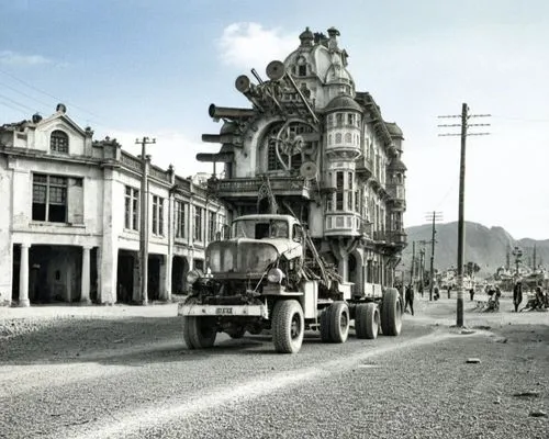 Same tone as background old photo,a military truck driving down a street surrounded by tall buildings,carrero,quetzaltenango,cadenalco,sancristobal,chimaltenango,petropolis,Photography,General,Realist