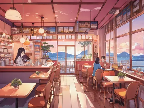 watercolor cafe,watercolor tea shop,ice cream shop,coffee shop,the coffee shop,ice cream parlor,cat's cafe,cafe,tearoom,paris cafe,retro diner,convenience store,coffeehouse,bakery,ice cream stand,pastry shop,soda shop,a restaurant,japanese restaurant,classroom,Illustration,Japanese style,Japanese Style 04