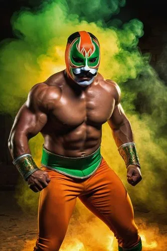 Corridora, Mexican wrestler, muscular man, strong facial features, dark hair, thick eyebrows, mustache, colorful wrestling mask, vibrant orange and green attire, golden belts, dramatic posing, flexing