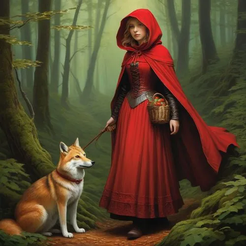 red riding hood,little red riding hood,red coat,girl with dog,red cape,lady in red,companion dog,red tunic,fantasy picture,red dog,fantasy portrait,man in red dress,schipperke,red wolf,the wanderer,fairy tale character,redfox,fantasy art,red gown,shades of red,Conceptual Art,Fantasy,Fantasy 28