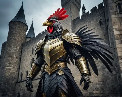 cockerel,griffon bruxellois,corvin,castleguard,puy du fou,imperial eagle,king of the ravens,gallus,castle of the corvin,medieval,garuda,knight armor,massively multiplayer online role-playing game,fawkes,chicken bird,magistrate,corvus,brakel hen,pecking,prince of wales feathers,Illustration,Black and White,Black and White 01