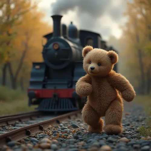 teddy bear waiting,wooden train,wooden railway,children's railway,teddy bear,bear teddy,Conceptual Art,Fantasy,Fantasy 03