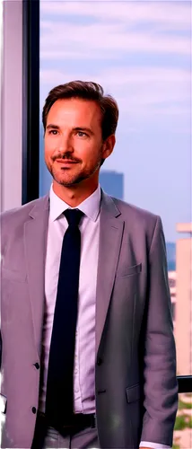 Middle-aged man, standing, looking out window, contemplative expression, short brown hair, stubble, white shirt, black tie, grey suit, hands on hips, introspective mood, cityscape outside window, morn