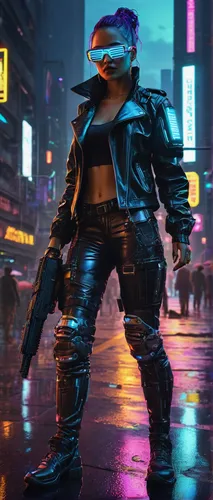 cyberpunk character, futuristic outfit, neon lights, reflective sunglasses, high-tech prosthetic arms, glowing tattoos, night city background, skyscrapers, holographic advertisements, street vendors, 