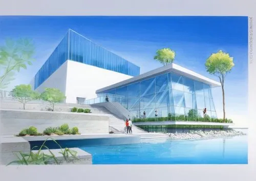 painting of a building in water with people walking outside,aqua studio,futuristic art museum,water cube,renderings,moneo,futuristic architecture,Conceptual Art,Sci-Fi,Sci-Fi 10