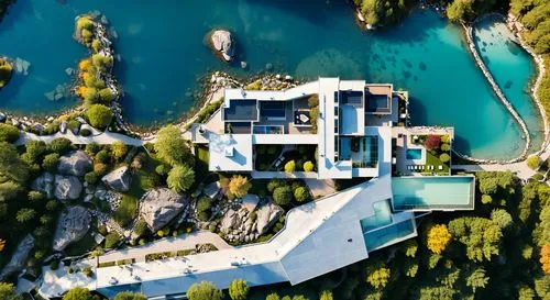 a house that has been made to look like a mountaintop,house with lake,bird's-eye view,villa balbianello,bilzerian,aqua studio,overhead view,Photography,General,Realistic