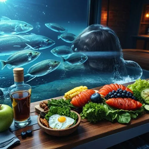 sea foods,fish products,aquarium decor,sea food,aquaculture,fish tank,fish oil,mediterranean diet,digital compositing,seafood counter,fruits of the sea,aquarium,fish in water,food styling,food collage,seafood,food presentation,mystic light food photography,dinner tray,aquarium lighting