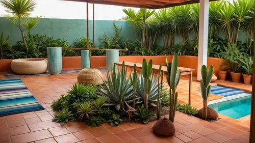 Modern Mexican Interior Design, Living Room, vibrant Mexican textiles, rustic terracotta tiles, lush indoor agave
,a tropical pool surrounded by large plants next to a swimming pool,patio,patios,garde