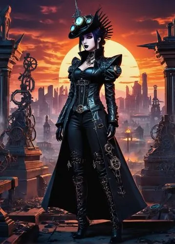 steampunk,gothicus,dusk background,rasputina,bayonetta,gothic woman,melora,abaddon,atrix,crow queen,gothic style,asagi,lehzen,kalima,nyx,helsing,trine,deathrock,lacrimosa,victoriana,Illustration,Realistic Fantasy,Realistic Fantasy 46