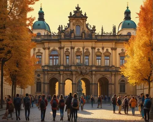 Baroque style building, grand entrance, ornate façade, intricate stone carvings, Gothic spires, Prague cityscape, Vltava River, historic architecture, prestigious institution, Academy of Arts, student