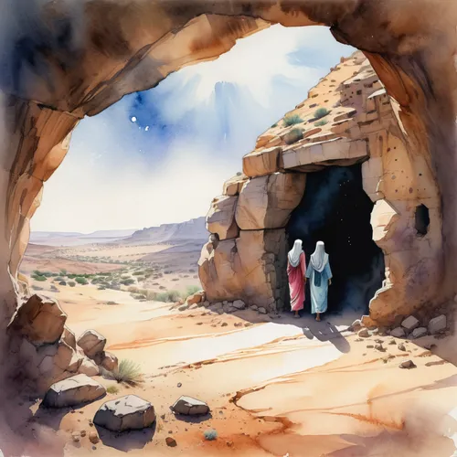 empty tomb,dead sea scrolls,bedouin,qumran caves,church painting,cave church,watercolor background,dead sea scroll,genesis land in jerusalem,the manger,nativity,pilgrims,woman at the well,nativity of jesus,anasazi,place of pilgrimage,biblical narrative characters,neolithic,watercolor sketch,stone oven,Illustration,Paper based,Paper Based 25