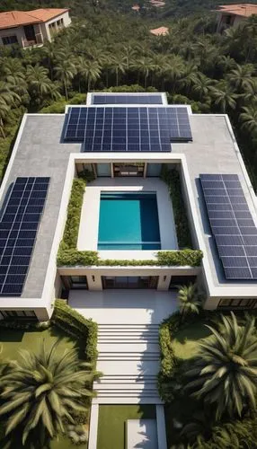 Modern villa, complex roof structure, multiple layers, sharp edges, symmetrical design, grey concrete tiles, solar panels on top, skylights, clerestory windows, grand entrance, luxurious facade, Medit