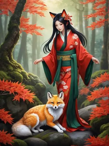 Female Kitsune, fantasy art, Japanese fox spirit, nine tails, slender legs, delicate feet, toenails painted red, traditional kimono, intricate golden embroidery, obi tied in a bow, long black hair wit