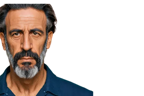 Close-up, facial portrait, male, mature, prominent long big nose, bushy eyebrows, wrinkles on forehead, thick beard, salt-and-pepper hair, serious expression, strong jawline, 3/4 composition, dramatic