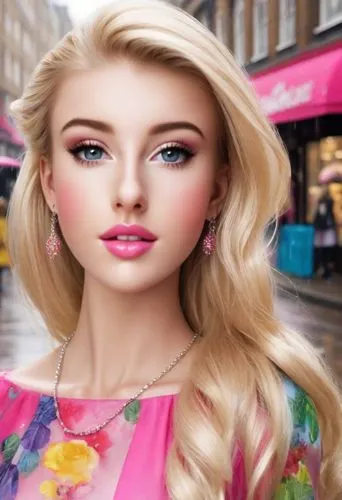 Beautiful blonde lady dressed as Barbie going shopping in real life, in a rainy London street. Photorealistic. Colourful. Her face looks slightly plastic and her hair looks slightly polyester.,doll's 