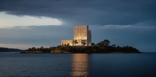 A dramatic cliffside landscape with a lush, dense forest. At the edge of the cliff stands a monumental structure resembling a tombstone, with a mysterious and ancient appearance. The building has shar