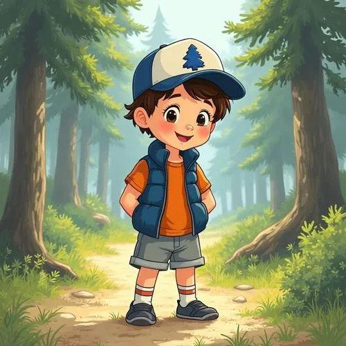 dipper,cartoon forest,cute cartoon character,cute cartoon image,farmer in the woods,kids illustration