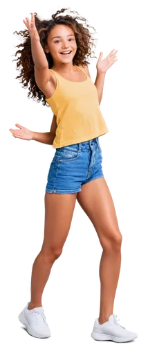 Excited girl, energetic pose, jumping up, arms raised, bright smile, shiny eyes, curly brown hair, colorful makeup, yellow tank top, blue denim shorts, white sneakers, dynamic movement, blurred backgr